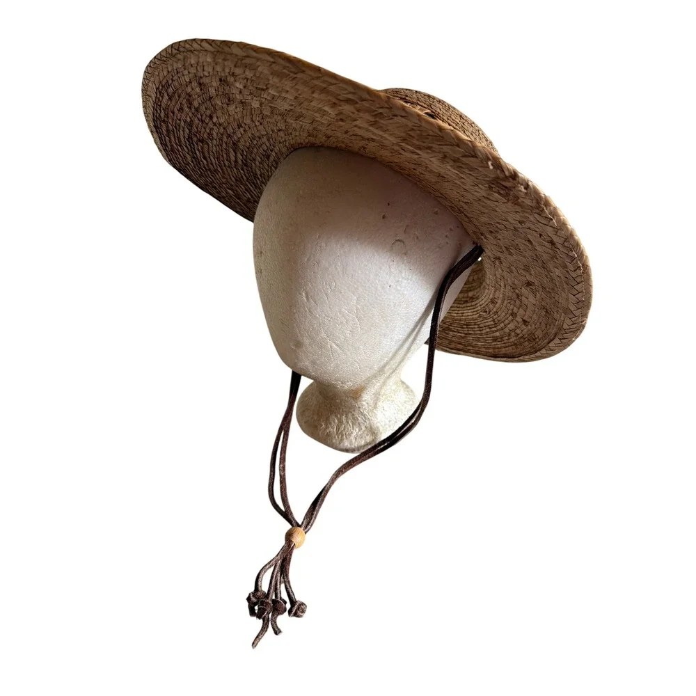 Tula Sun Hat Tan Woven Palm Straw Wide Brim Ventilated Chin Strap Mexico Made
